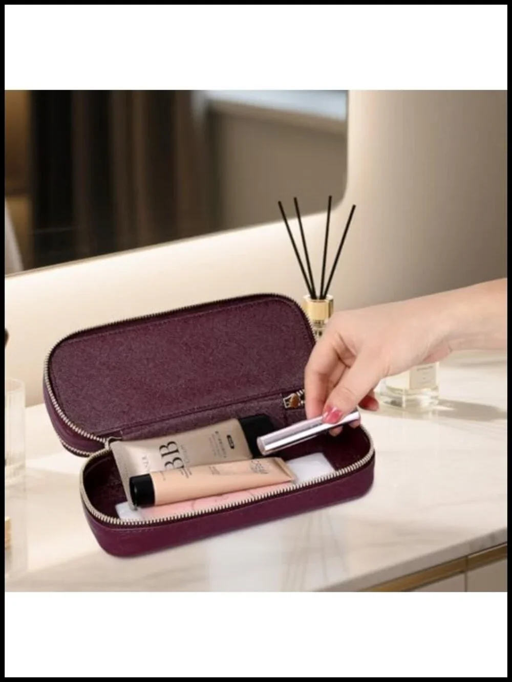 Double Layer Makeup Bag with Clear Windows, Waterproof Faux Leather Cosmetic &